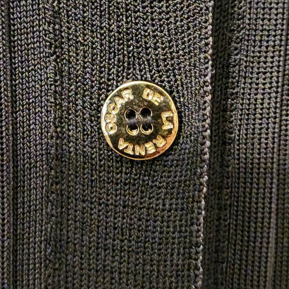 Oscar de la Renta Navy Button Front Ruffle Hem Cardigan Size: L - Picture 15 of 16